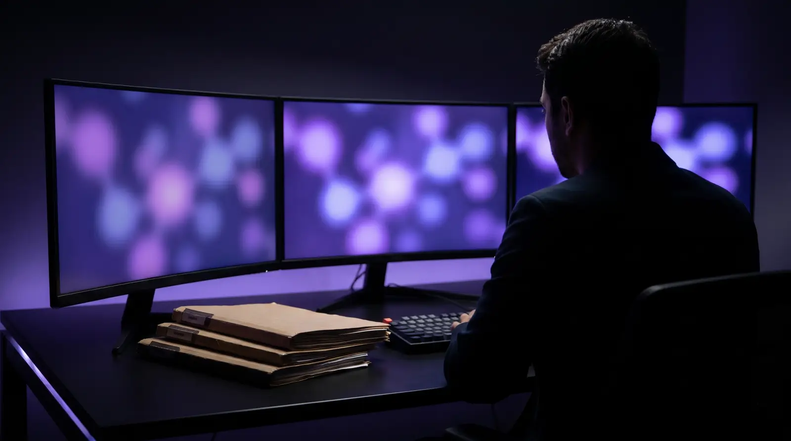 A claims analyst at three monitors with insurance claim folders on the desk
